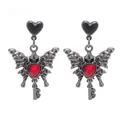 Gothic butterfly drop earrings with red heart gemstone and vintage key pendant - Butterfly Heart Key (C-772)