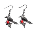 Dark gothic raven dangle earrings featuring a red teardrop crystal gem for women - Raven with Red Drop (C-764)
