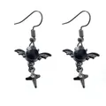 Gothic black bat wing earrings with dark gem and sparkling cross pendant for women - Bat Wings and Cross (C-765)
