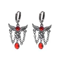 Gothic gunmetal winged hoop earrings featuring red teardrop crystals for cool girls - Wings and Waterdrop Tassel - Red (C-769-1)