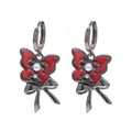 Gothic red butterfly earrings featuring white pearl and bow-knot pendant on gunmetal finish - Butterfly and Bowknot - Red (C-770-1)