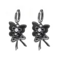 Dark gothic butterfly hoop earrings with bow and pearl details in gunmetal finish - Butterfly and Bowknot - White (C-770-2)