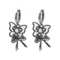 Cool Y2K style dark silver butterfly drop earrings with white pearl accents and ribbon design - Butterfly and Bowknot - Gray (C-770-3)