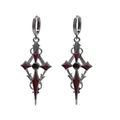 Gothic style dark cross pendant earrings featuring red enamel inlay and a black gem - Geometric Sword Cross - Black (C-776-2)