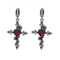 Gothic style dark metal cross earrings with vibrant red heart-shaped gemstone center - Rose Thorns Red Heart Cross (C-778)