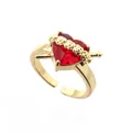 Gold plated copper open ring featuring a red crystal heart pierced by a tiny sword - B-405 Gold Style