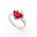 Silver adjustable open ring with heart-shaped red zircon and crown cross design - B-407 Silver Style