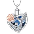 Detailed view of silver heart urn necklace with rose gold rose and hummingbird - Rose Gold Heart Shaped Charm
