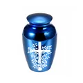 Blue metallic cremation urn for human pet ashes with engraved white cross and Forever - 65*45mm / Blue