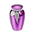 Elegant purple metal cremation urn featuring angel wing charm and memorial tag - 65*45mm / Purple