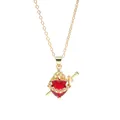 Elegant gold chain necklace featuring a red heart pendant with sword and flame motif - Sword Through Heart Style (A-2701-1)
