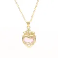 Sacred heart necklace with pink crystal, thorns and cross in a gold-plated finish SKU - Pink Sacred Heart Style (A-2711-1)
