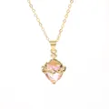Elegant pink heart pendant necklace with gold thorn wrap and cross detail for women - Pink Thorns Style (A-2711-3)
