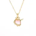 Luxurious gold-plated copper necklace featuring a pink heart pendant with crown and rose details - Pink Crown Rose Style (A-2711-4)
