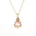 Vintage gold-plated necklace featuring a thorn-wrapped pink crystal heart pendant with crown - Pink Heart Crown Style (A-2711-6)