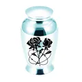 Detailed macro view of light blue alloy cremation urn with black rose pattern engraving - 70x45mm / Sky Blue