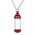 Detailed close-up view of red and transparent cremation urn pendant necklace for ashes - Cylindrical Glass Tube Pendant / Red