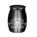 Small black aluminum cremation urn with engraved white cross and doves design - 30x40mm / Black
