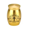 Small golden aluminum alloy cremation urn for ashes featuring cross and dove engraving - 30x40mm / Gold