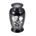 Small black alloy cremation urn with white rose engraving for pet or human ashes - 70x45mm / Black