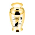 Polished golden metal pet urn for cat ashes featuring memorial quote and paw prints - 70x45mm / Gold