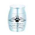 Detailed view of blue aluminum pet urn with engraved paw and angel wings design - 30x40mm / Sky Blue