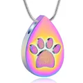 Detailed view of iridescent stainless steel teardrop cremation pendant with paw print - Colorful