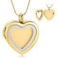 Detail of a gold heart-shaped locket pendant showing the hinged opening and photo frame. - Gold