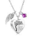 Detalle del collar de urna de corazón de plata con árbol grabado y piedra morada - Corazón con Alas y Colgante de Piedra de Nacimiento / Púrpura