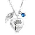 Detalle de collar urna de corazón con poema grabado, piedra azul y amuleto de ala - Corazón con Alas y Colgante de Piedra de Nacimiento / Azul