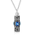 Collar de urna de acero inoxidable azul con un diseño de volutas vintage ornamentado - Colgante de Cilindro con Piedra de Nacimiento / Azul