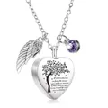 Collar urna corazón de acero para cenizas con árbol de la vida y dije morado - Corazón Lavanda con Alas y Colgante de Piedra de Nacimiento