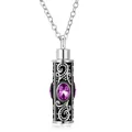 Collar urna cilíndrica de acero de titanio vintage con gemas moradas y grabados - Colgante de Cilindro / Púrpura
