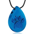 Blue teardrop stainless steel pet cremation necklace with sparkling paw print charm - Blue