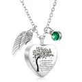Collar con colgante de corazón para cenizas de acero y piedra de nacimiento verde - Corazón con Alas y Colgante de Piedra de Nacimiento / Verde
