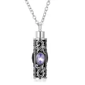 Colgante de urna funeraria en acero titanio con piedra púrpura y diseño labrado elegante - Cilindro Lavanda con Colgante de Piedra de Nacimiento