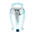 Close-up of elegant light blue keepsake urn with silver wing and engraved quote charm - 70*45mm / Sky Blue