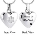 Silver heart shaped pet cremation urn necklace with paw print and memorial text - Heart Paw Print (15421) / Silver