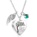 Collar de urna de cremación en forma de corazón de acero con grabado de árbol y gema - Corazón Cian con Alas y Colgante de Piedra de Nacimiento