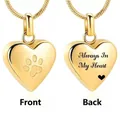 Gold heart-shaped pet cremation urn necklace with paw print and memorial engraving - Heart Paw Print (15421) / Gold