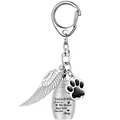 Polished silver pet memorial urn keychain featuring engraved paw print and wing charms - Silver Urn with Wing Keychain