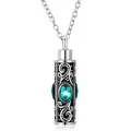 Collar urna de cremación cilíndrica de acero titanio con gema color verde azulado - Cilindro Cian con Colgante de Piedra de Nacimiento