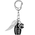 Pet memorial cremation urn keychain with angel wing and paw print charms pendant - Black Urn with Wing Keychain