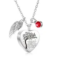 Collar de urna conmemorativa en forma de corazón con grabado de árbol de vida y cristal rojo - Corazón con Alas y Colgante de Piedra de Nacimiento / Rojo