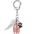 Rose gold pet cremation urn keychain with engraved paw print memorial sentiment - Rose Gold Urn with Wing Keychain