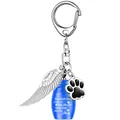 Memorial pet cremation urn keychain in blue with silver wing and paw charm for ashes - Blue Urn with Wing Keychain
