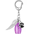 Pet cremation urn keychain with purple bottle, silver wing charm and black paw print - Purple Urn with Wing Keychain