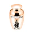 Detailed view of a rose gold memorial cremation urn with cowboy engraving and quote. - 65x45mm / Rose Gold