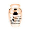 Detailed view of elegant rose gold cremation urn with cowboy themed memorial engraving design - 65x45mm / Rose Gold