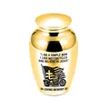 Close-up of golden cremation urn with motorcycle and faith engraving - Gold Jar (12212) / 65x45mm